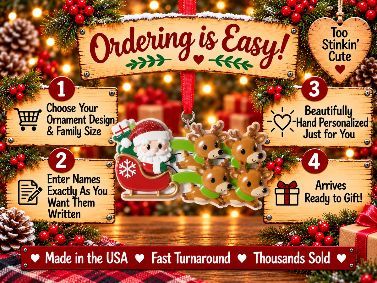Personalized Santa Sleigh Reindeer Family of 4 Christmas Ornament – Custom Five Names, Holiday Family Keepsake