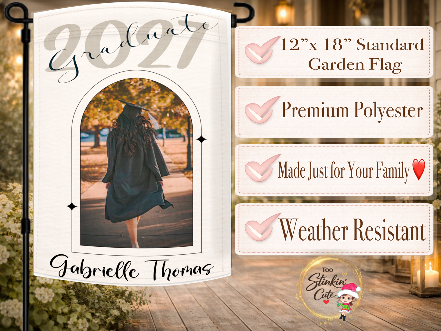 Graduation party garden flag with custom photo, senior name, and elegant personalized design
