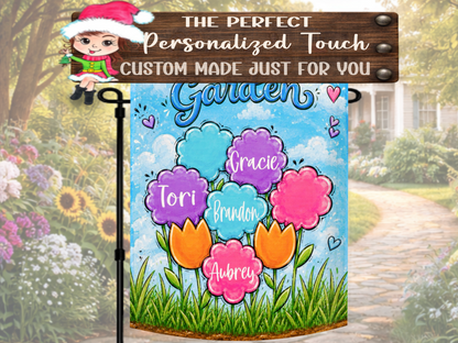 Custom grandchildren garden flag with whimsical personalized flowers in pink, purple, blue, and orange