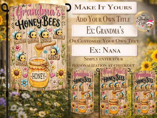 Custom grandkids bee garden flag with a honey jar, flowers, and personalized wooden name signs