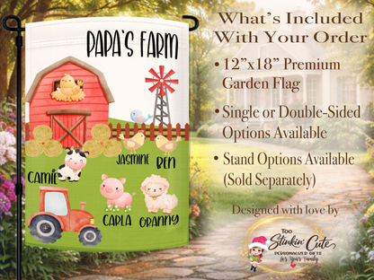 Cute farmhouse yard flag with barn, tractor, pig, cow, and sheep