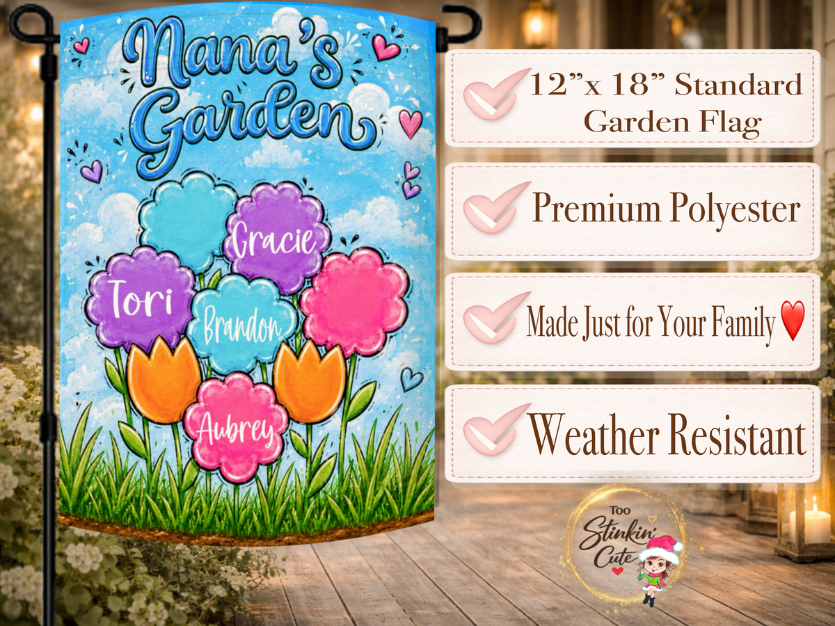 Personalized Grandma’s Garden flag featuring colorful named flowers, hearts, grass, and a blue sky