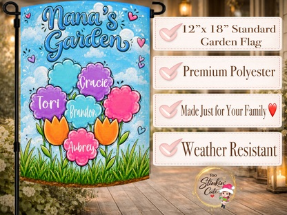 Personalized Grandma’s Garden flag featuring colorful named flowers, hearts, grass, and a blue sky