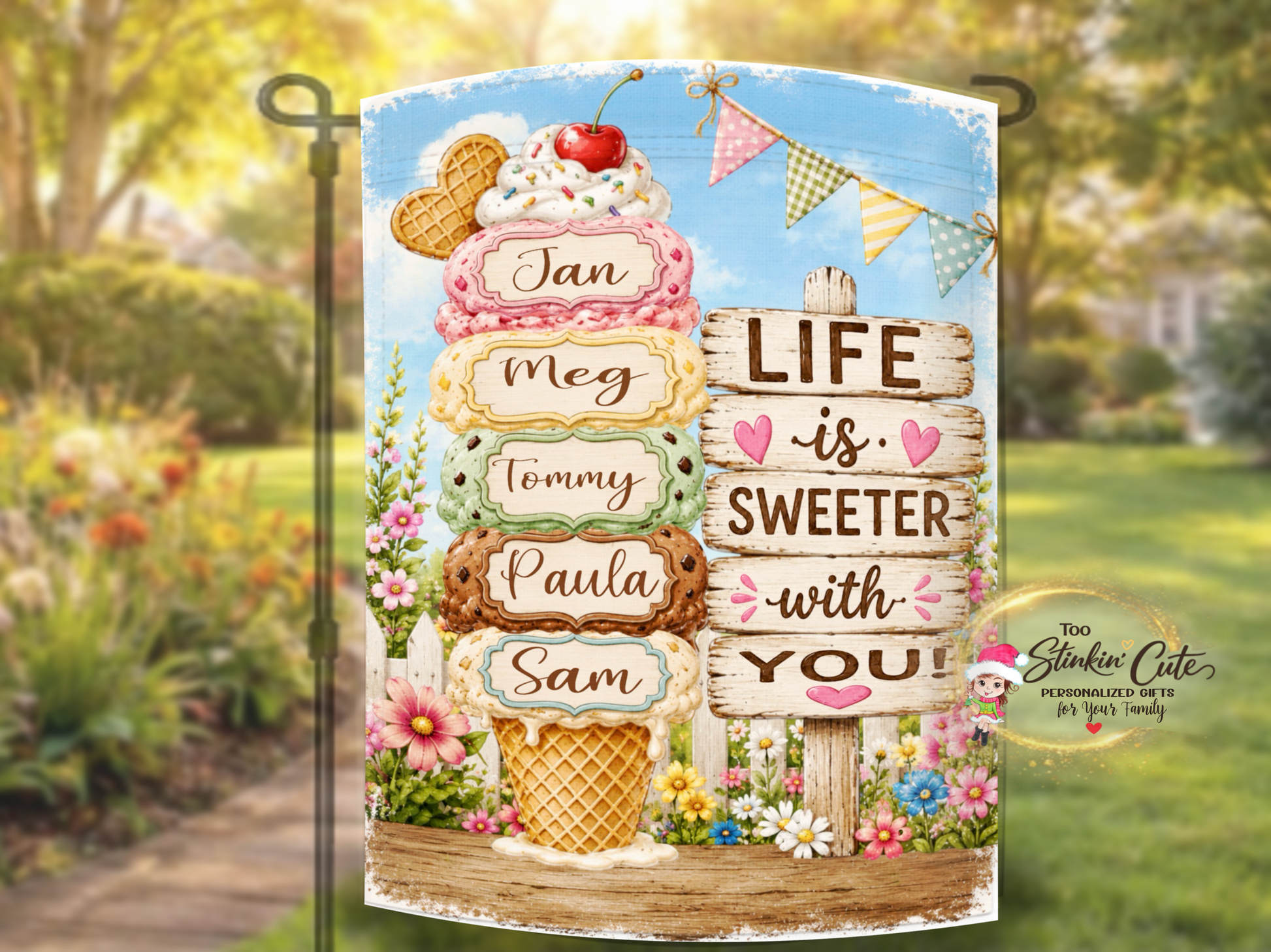 Custom family garden flag with colorful ice cream scoops.