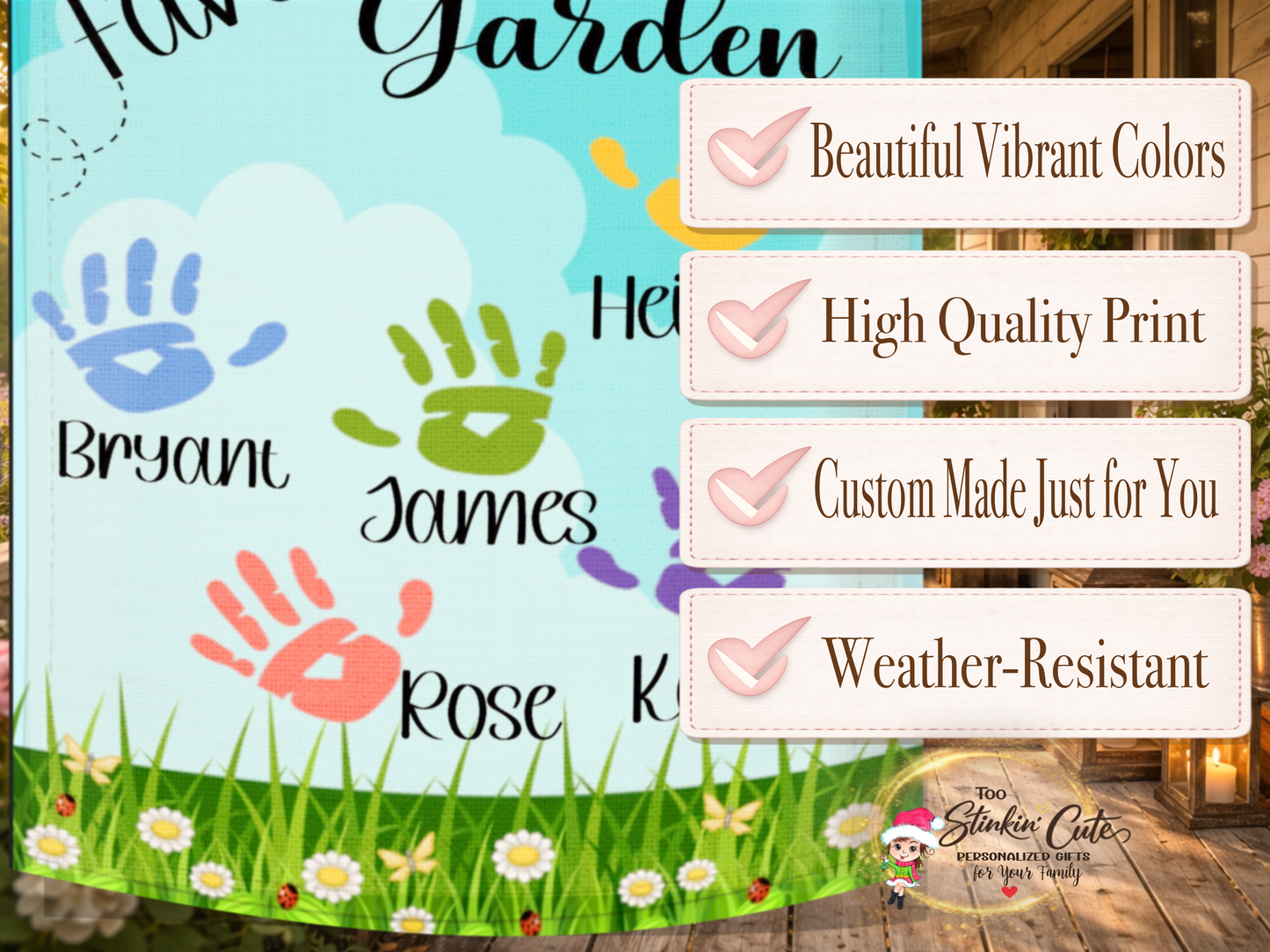Outdoor personalized grandmother flag with colorful handprint artwork