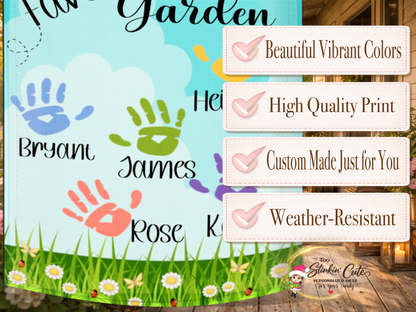 Outdoor personalized grandmother flag with colorful handprint artwork