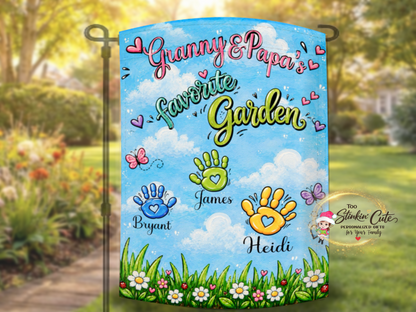 Favorite garden personalized family flag with colorful handprints and floral artwork