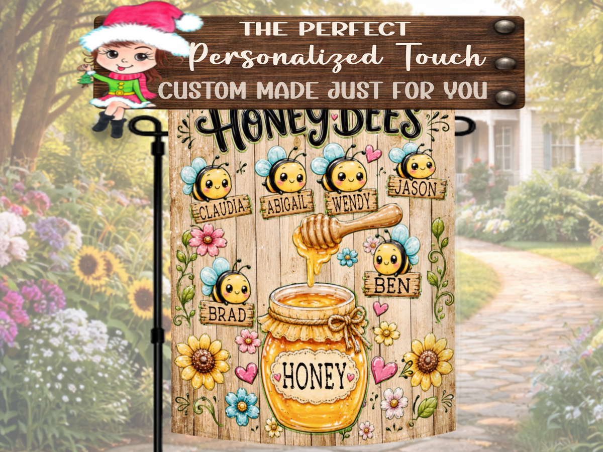 Personalized Nana honey bees yard flag with custom names and colorful boutique artwork