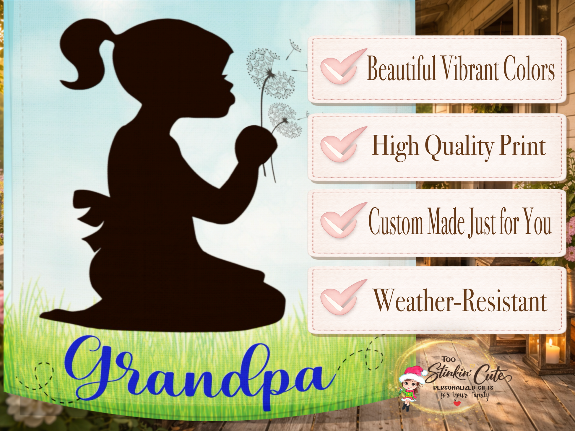 Outdoor memorial style grandpa flag with blowing dandelions
