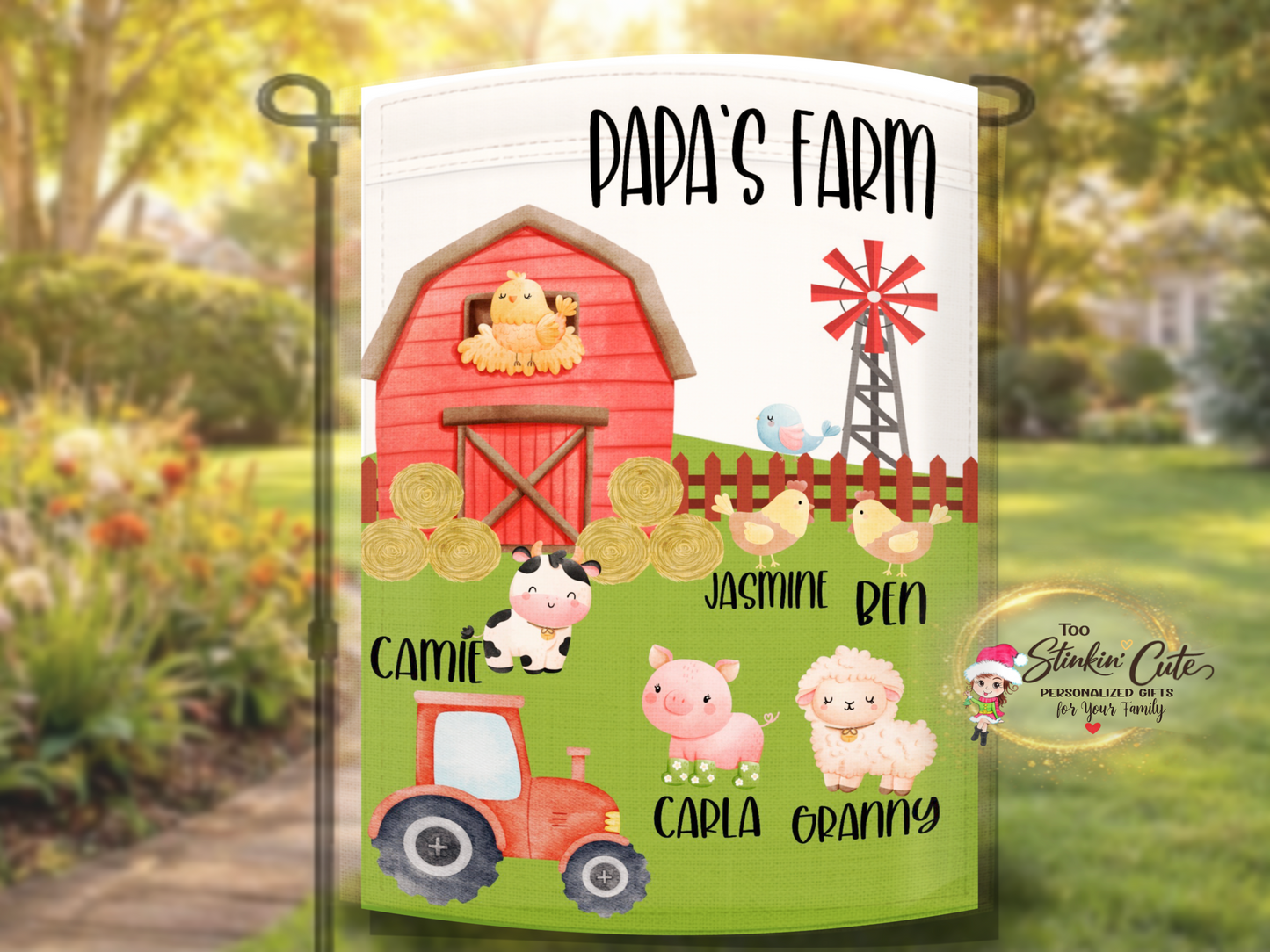 Cute personalized Papa farm flag with tractor and barnyard theme