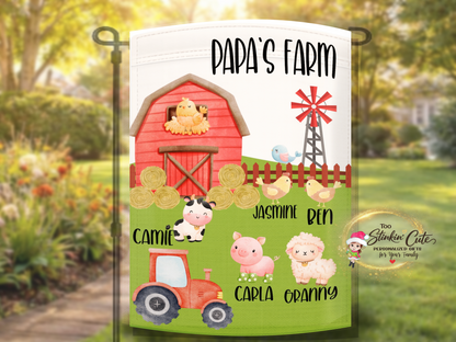 Cute personalized Papa farm flag with tractor and barnyard theme