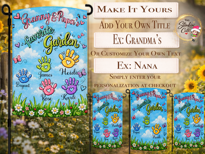 Custom grandkids handprint garden flag personalized with five children’s names