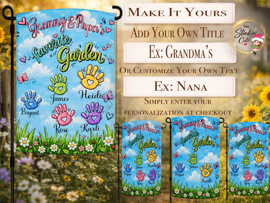 Custom grandkids handprint garden flag personalized with five children’s names