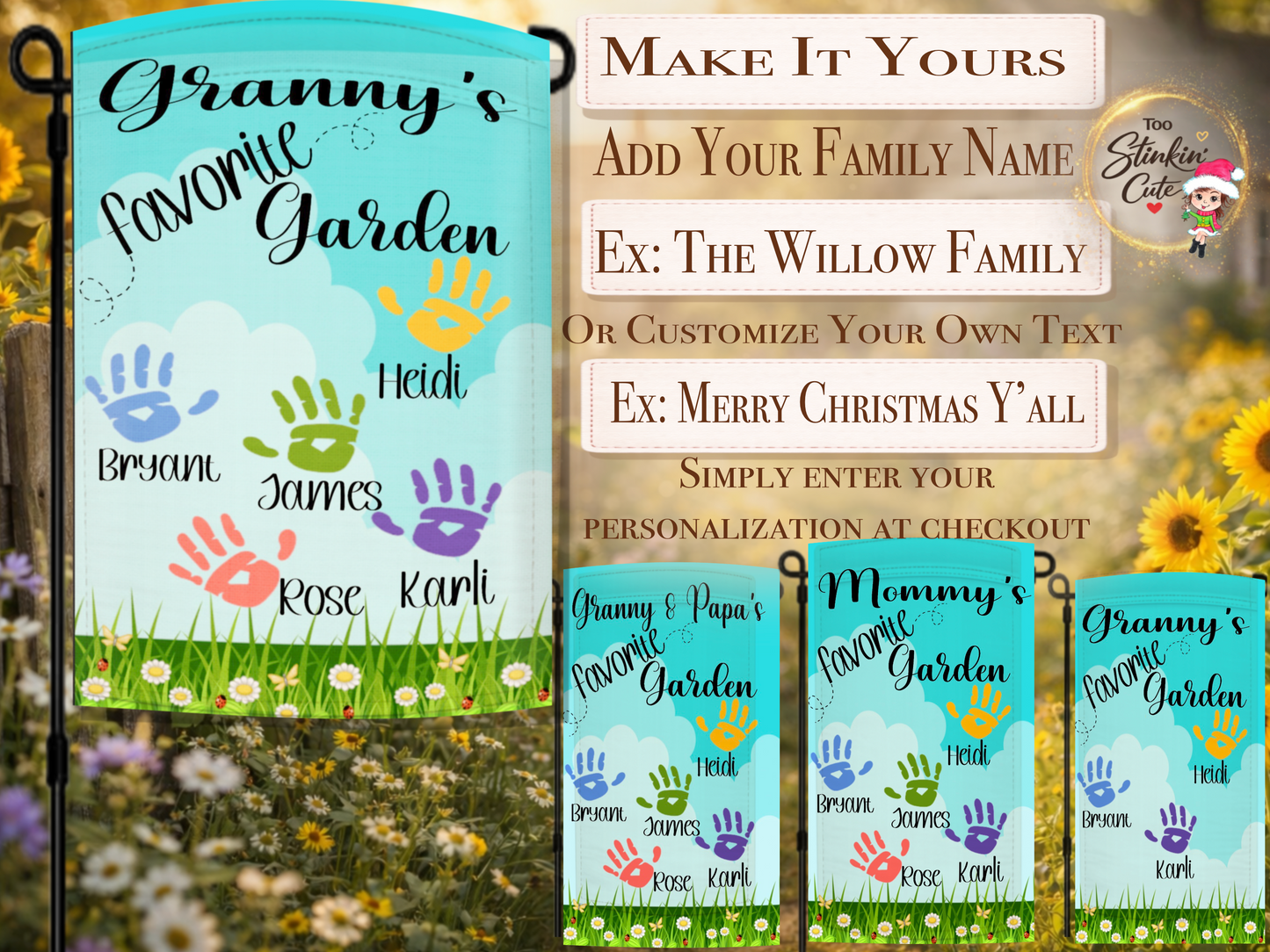 Custom grandma garden flag featuring grandchildren handprints and names