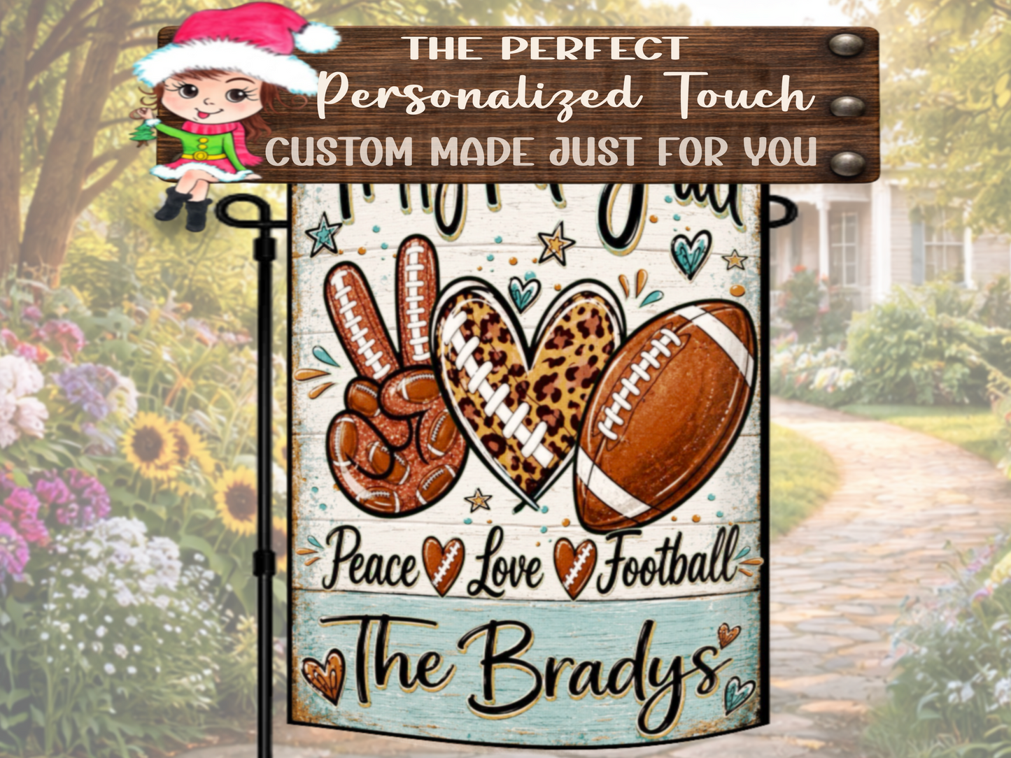 Peace Love Football garden flag with leopard-print and traditional football artwork