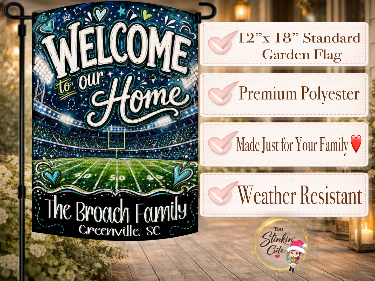 Personalized football welcome flag with a brightly lit stadium and green field