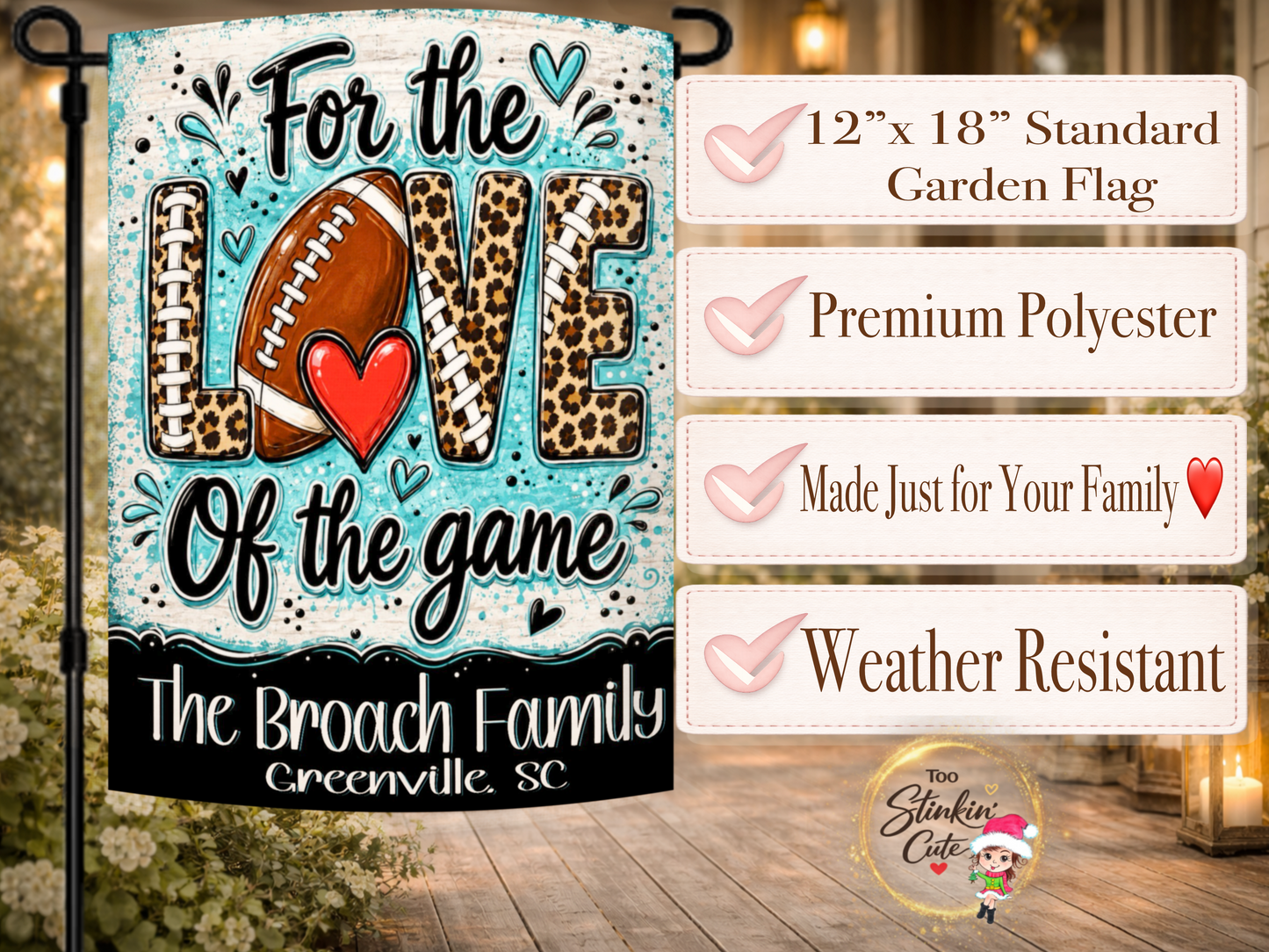Personalized football LOVE garden flag with a glossy red heart and turquoise background