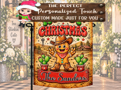 Rustic farmhouse Christmas garden flag personalized with a family name, farm name, address, Welcome message, or city and state.