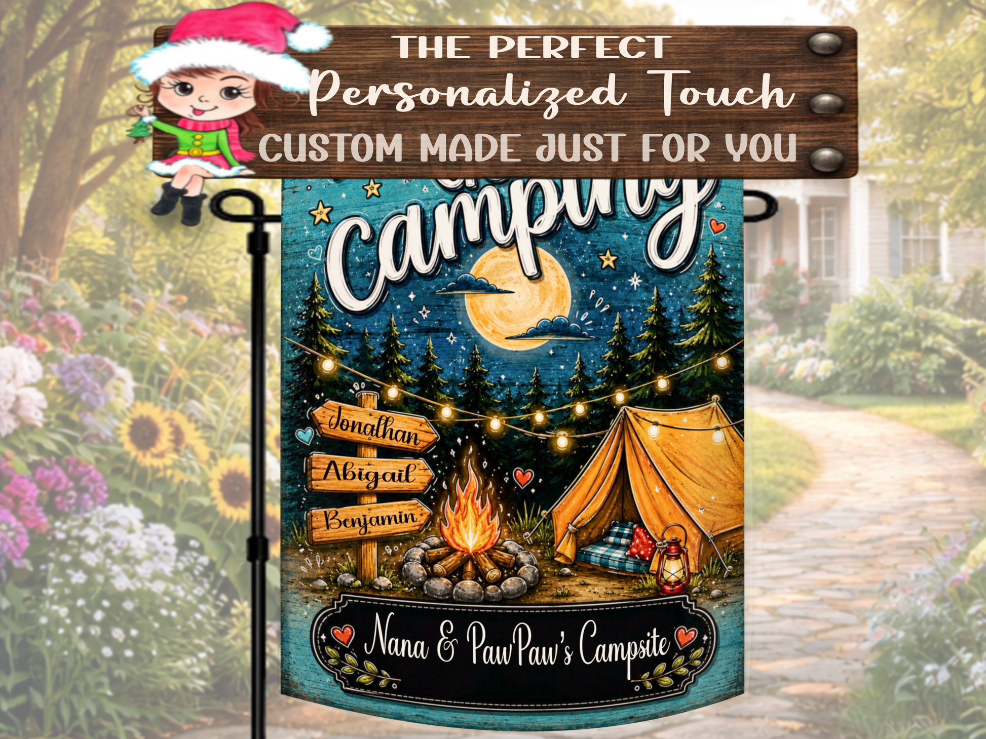 Custom Campfire and Tent Garden Flag