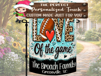 Personalized game-day yard flag created for a football-loving family
