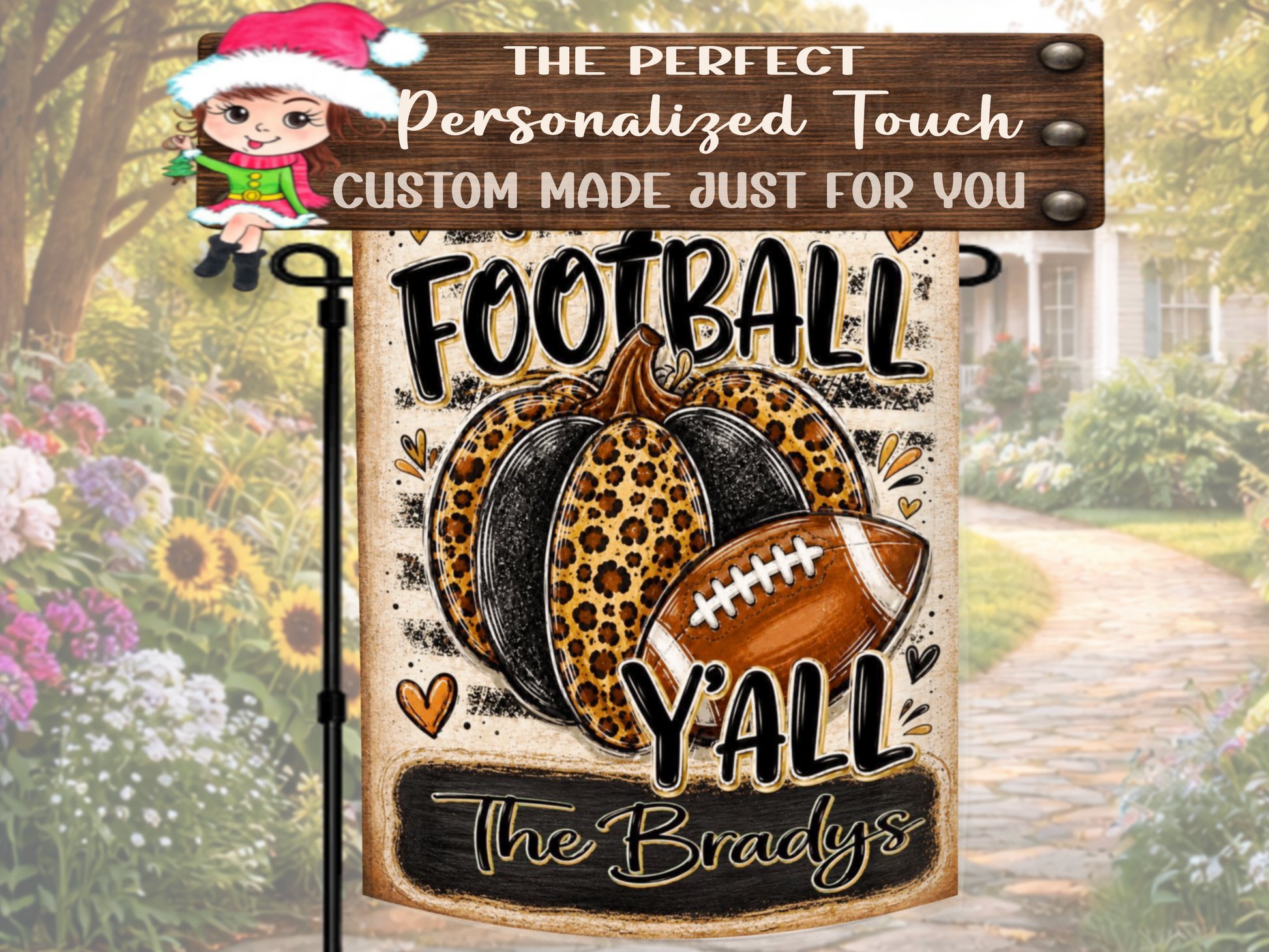 Custom family name football flag with pumpkin, football and heart artwork