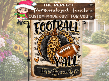 Custom family name football flag with pumpkin, football and heart artwork