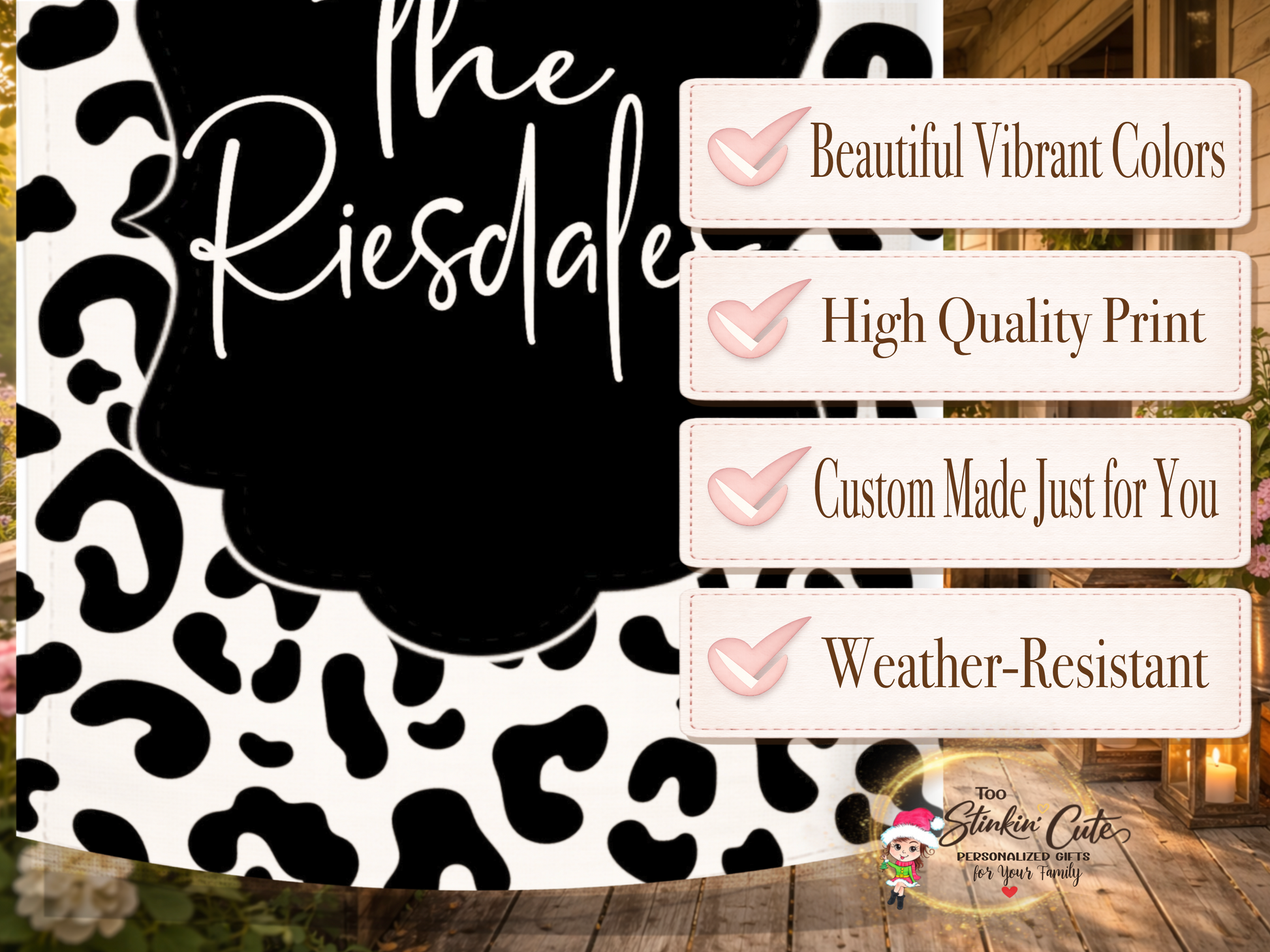Custom family name leopard print porch flag for outdoor decor