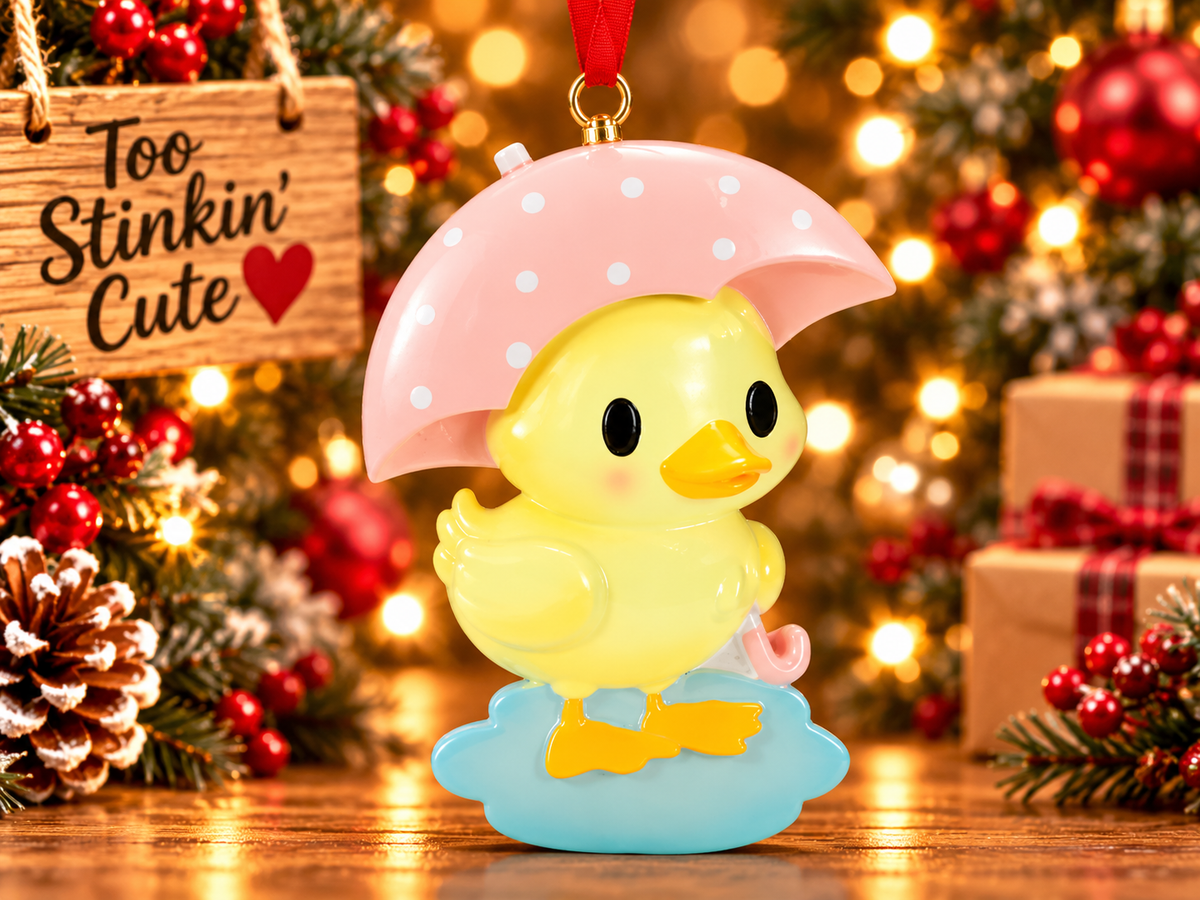 Yellow duck Christmas ornament with a pink polka dot umbrella and blue puddle base in a rustic holiday setting.