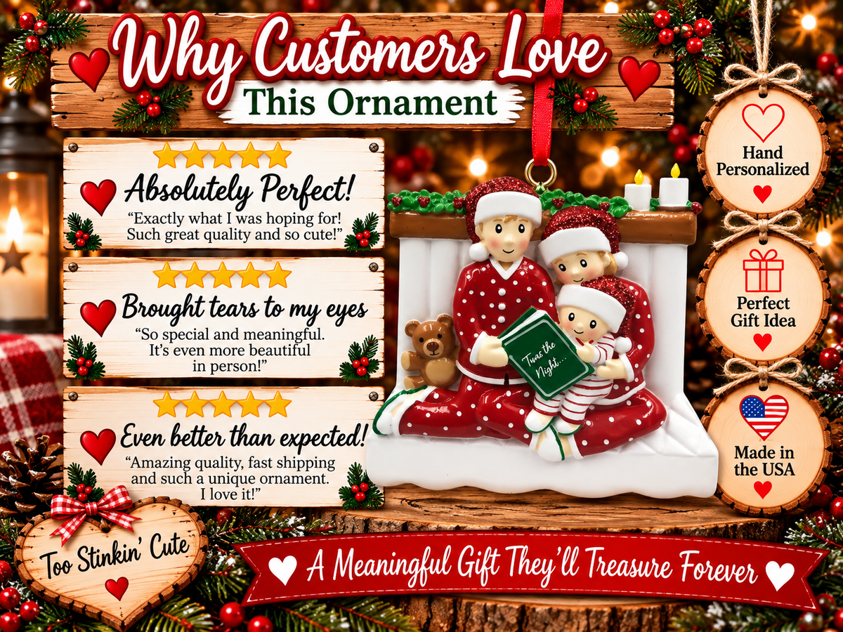 Cozy Christmas reading ornament with three smiling figures seated together on a white base.
