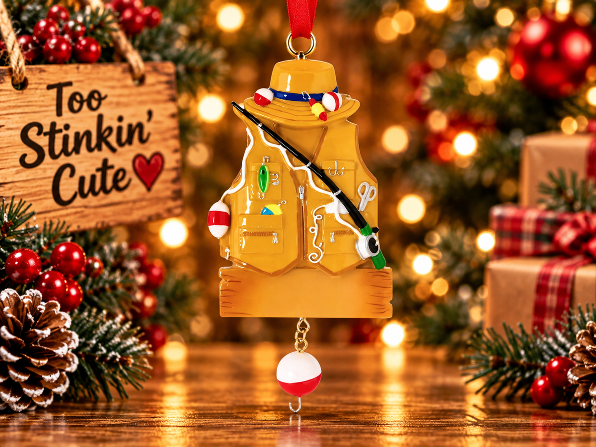 Personalized fishing Christmas ornament with a vest, hat, rod, and custom name