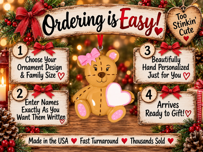 Pink bow teddy bear ornament personalized with a name and optional year