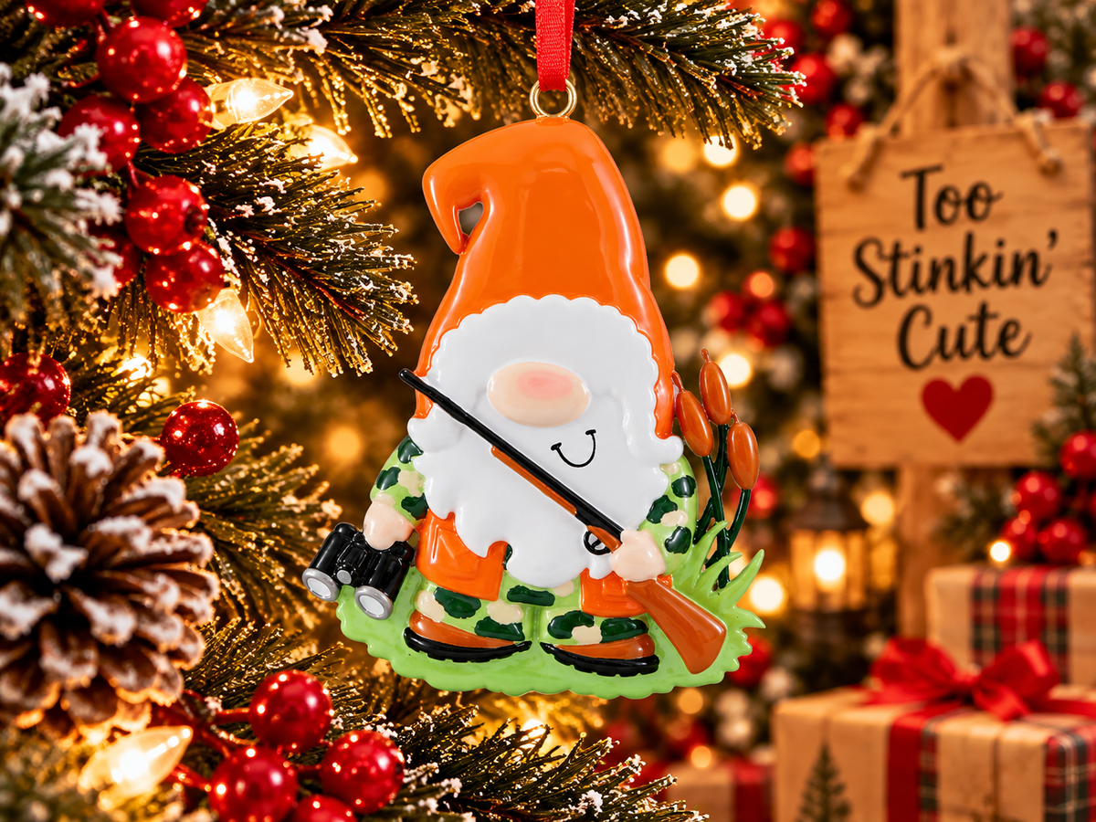A festive Christmas ornament shaped like a gnome dressed as a hunter, hanging on a decorated Christmas tree. The ornament features an orange hat, white beard, green camouflage clothing, and holds a rifle and binoculars.