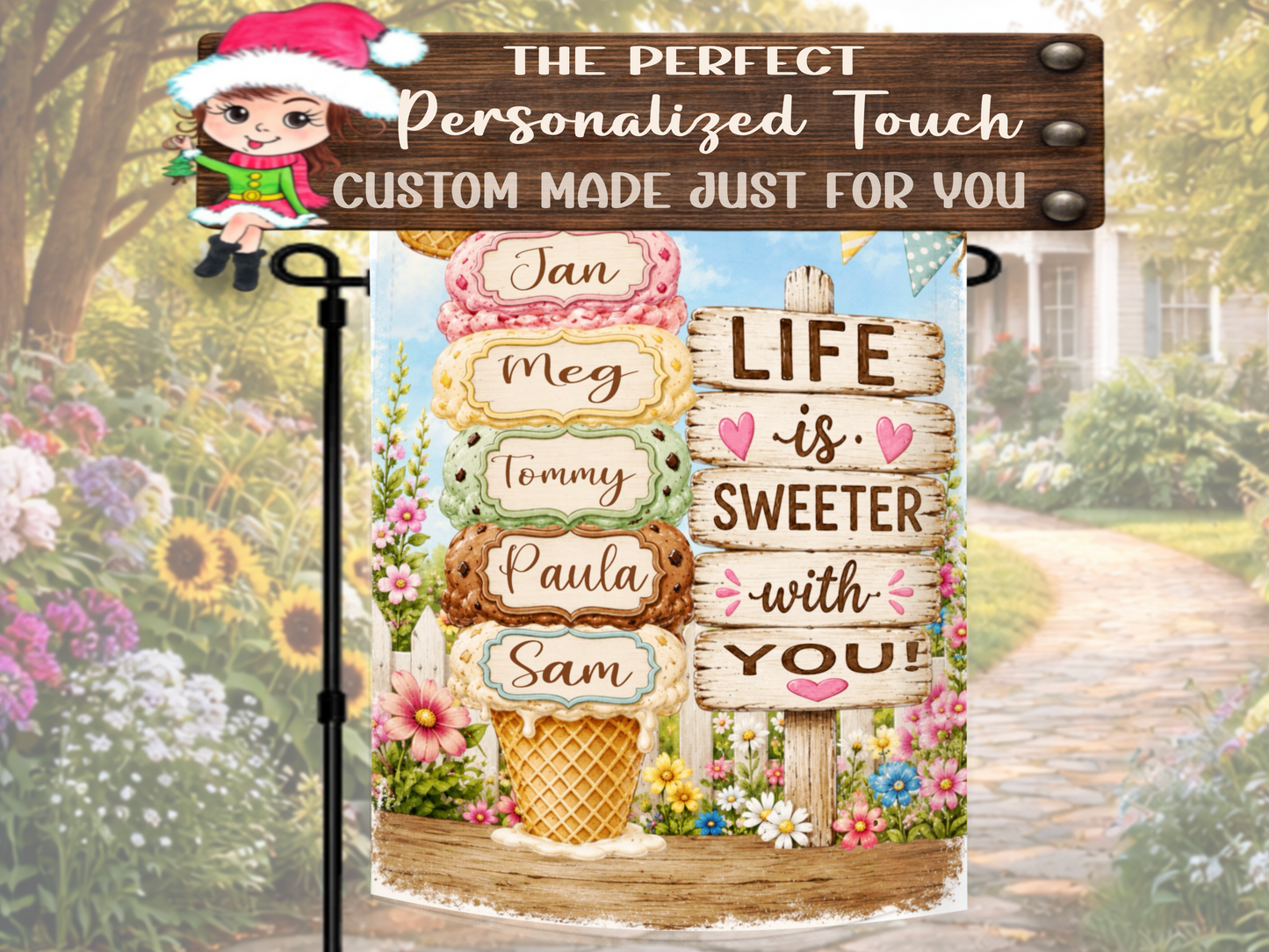 Grandma garden flag with personalized ice cream design.
