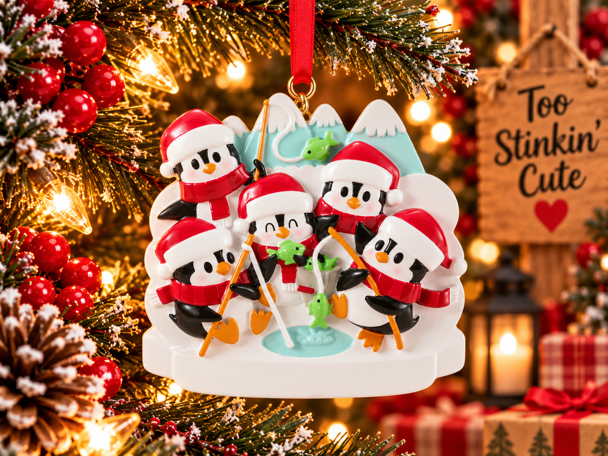 Penguin ice fishing family of five Christmas ornament with red Santa hats, red scarves, and snowy blue mountains.