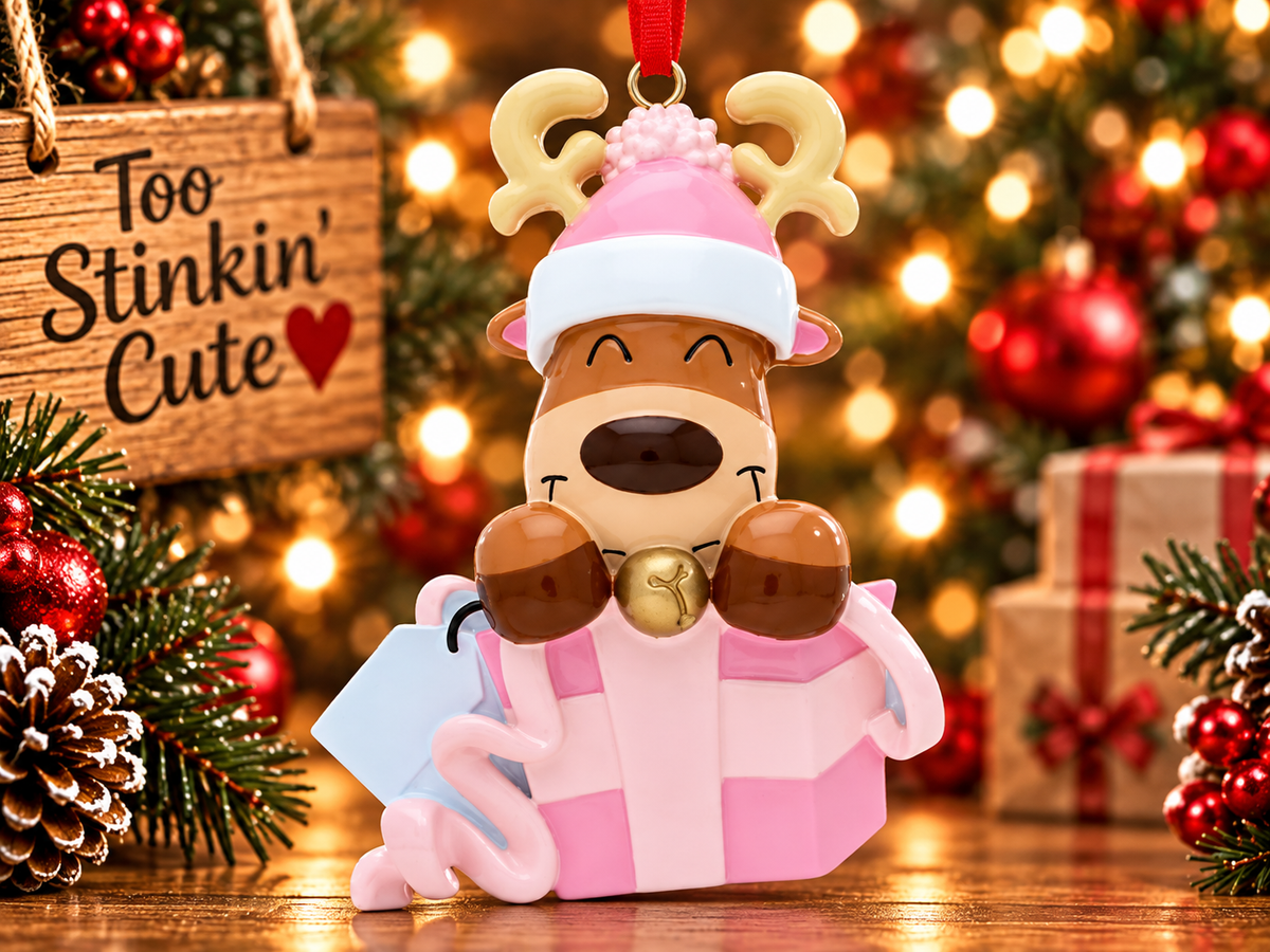Front view of reindeer peeking out of a pink present with pale pink ribbon and curled bow details.