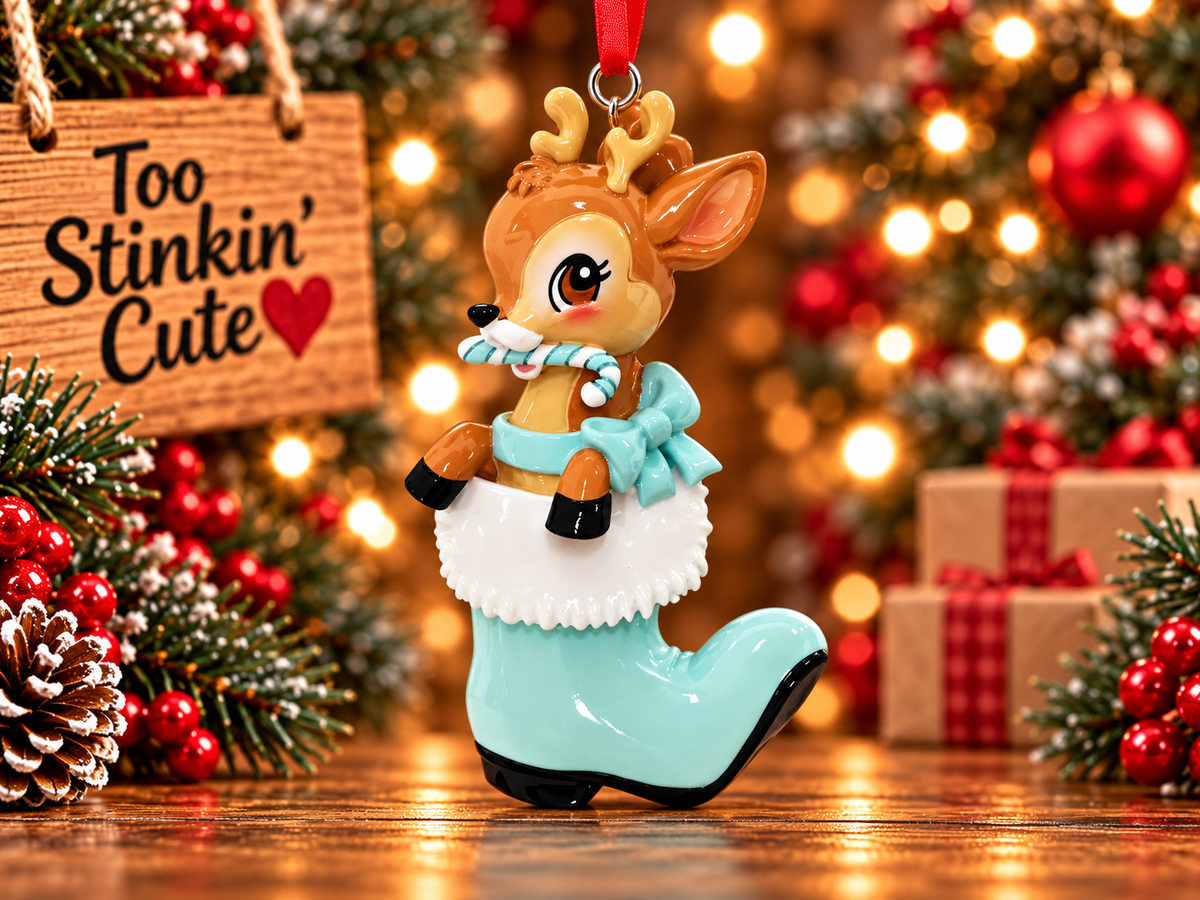 Aqua boot Christmas ornament with a textured white cuff and a matching aqua bow beside the reindeer.