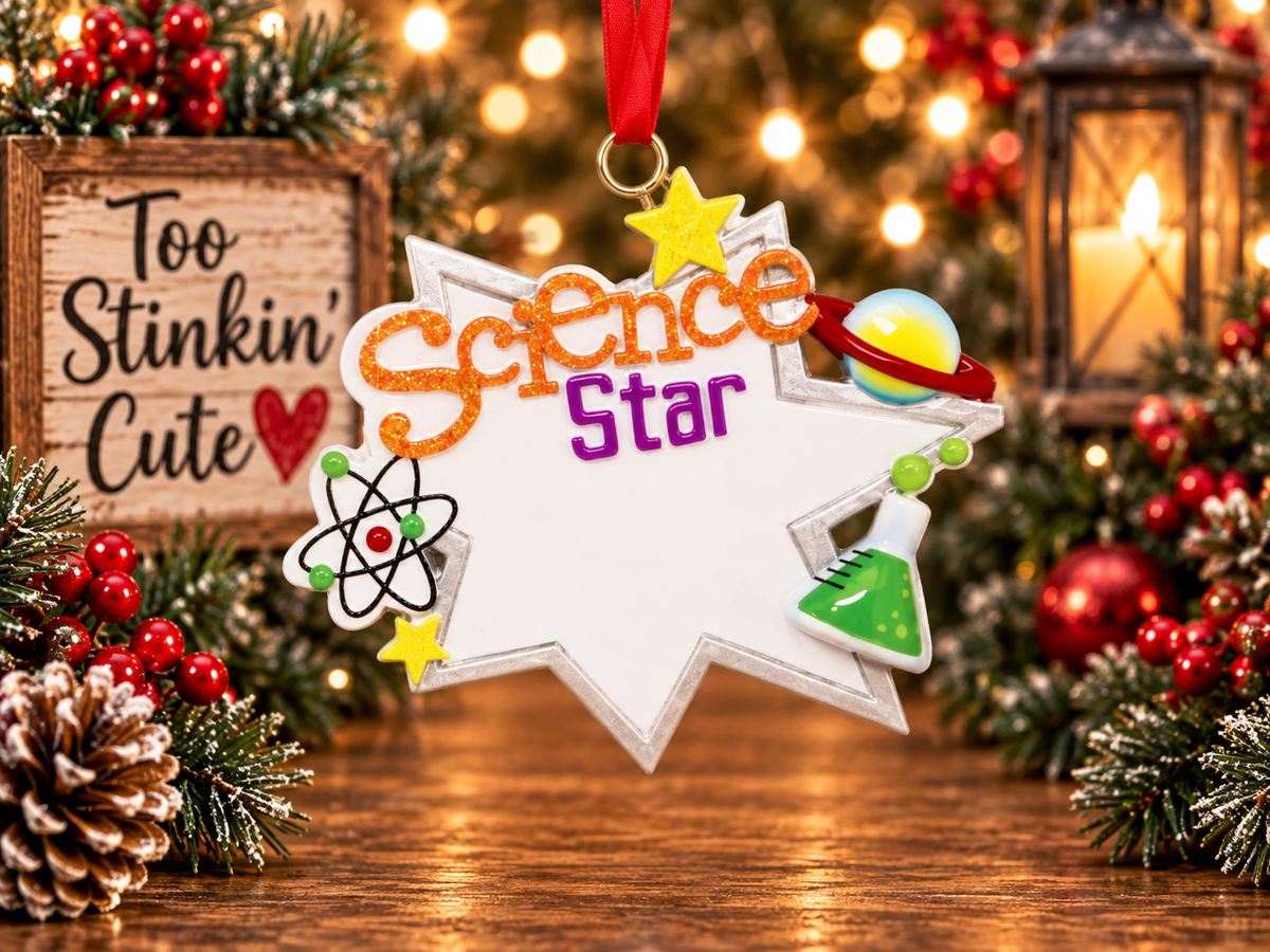 Personalized Science Star Christmas ornament with custom name and colorful science symbols