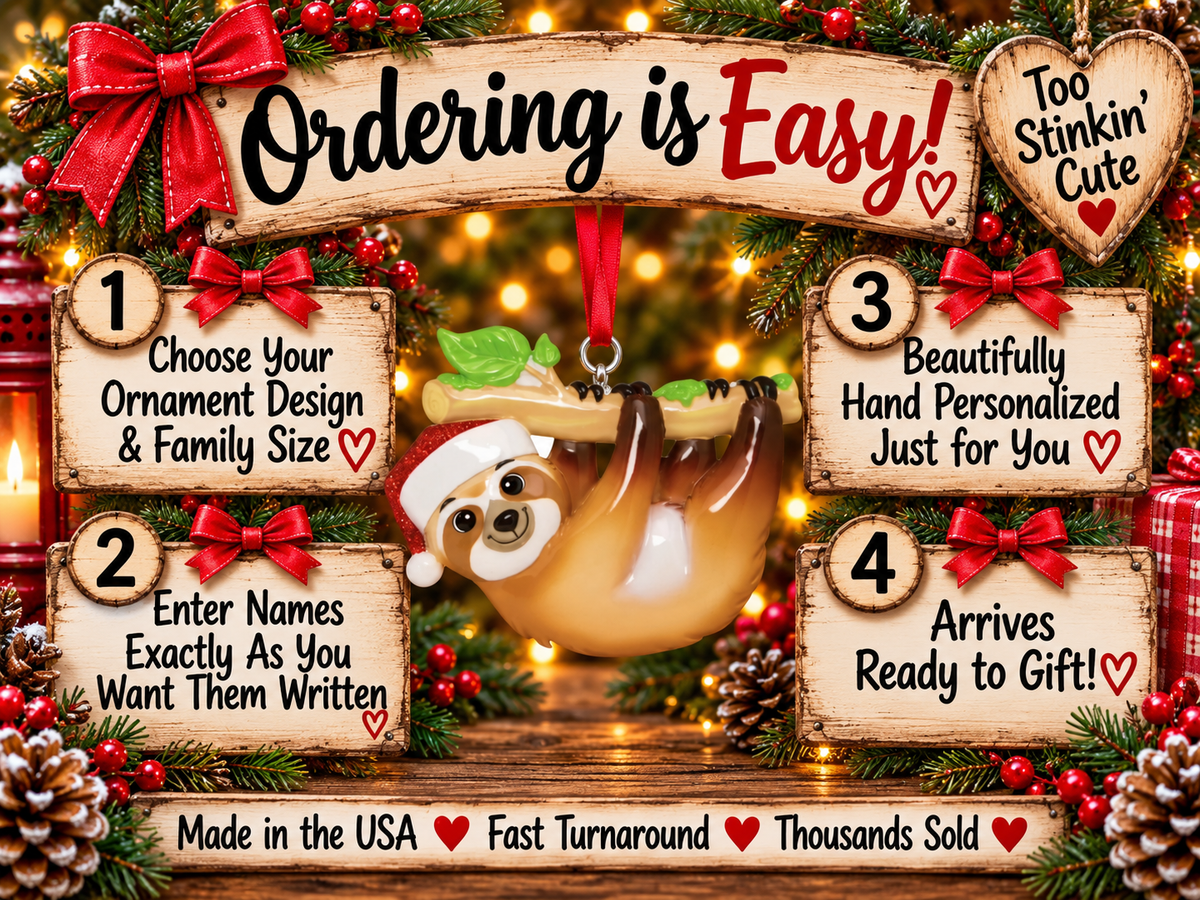 Hand-personalized animal Christmas keepsake for a child or sloth lover