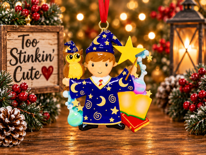 Personalized wizard Christmas ornament featuring a young magician with an owl and wand.