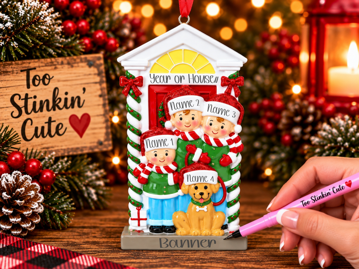 Custom family of five ornament with individual names and one family dog