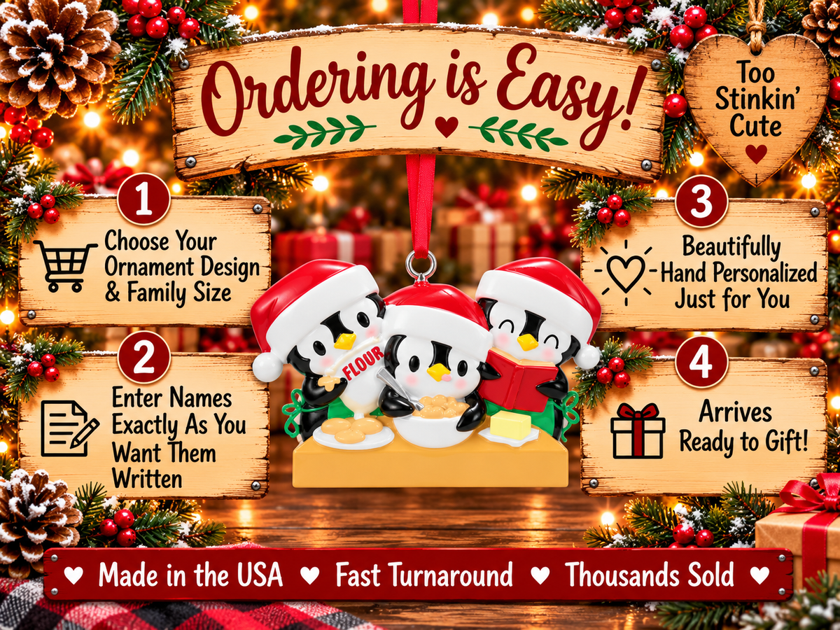 Three penguin bakers ornament with blank white hat brims and a counter front for hand personalization.