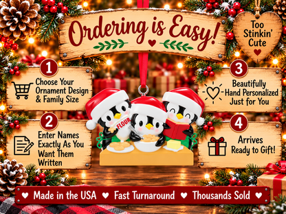 Three penguin bakers ornament with blank white hat brims and a counter front for hand personalization.