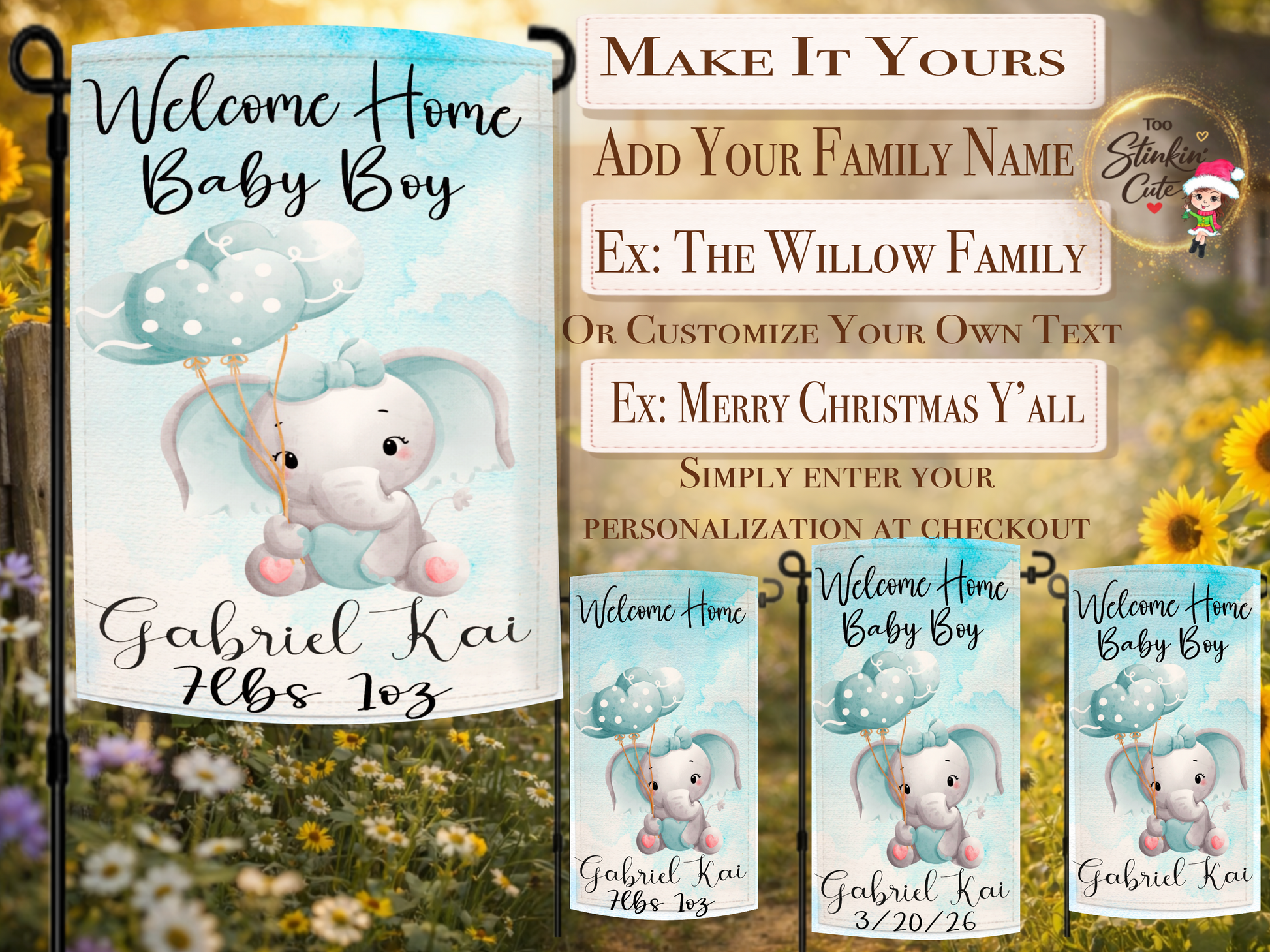 Custom newborn baby boy yard flag featuring elephant illustration and baby name