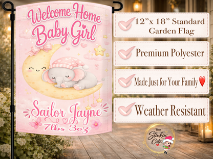 personalized welcome home baby girl elephant garden flag