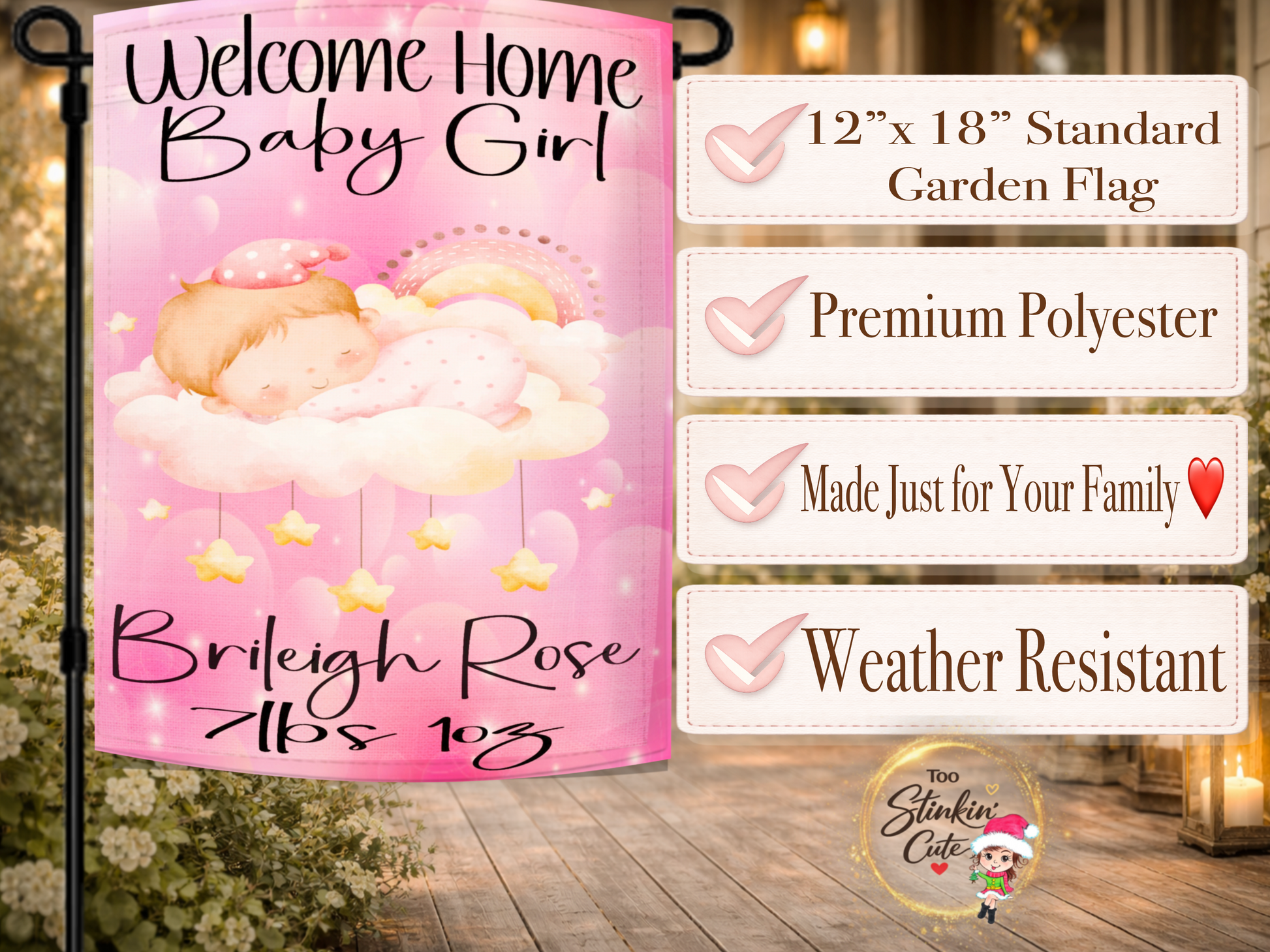 Personalized baby girl outdoor flag with sleeping baby and hanging stars
