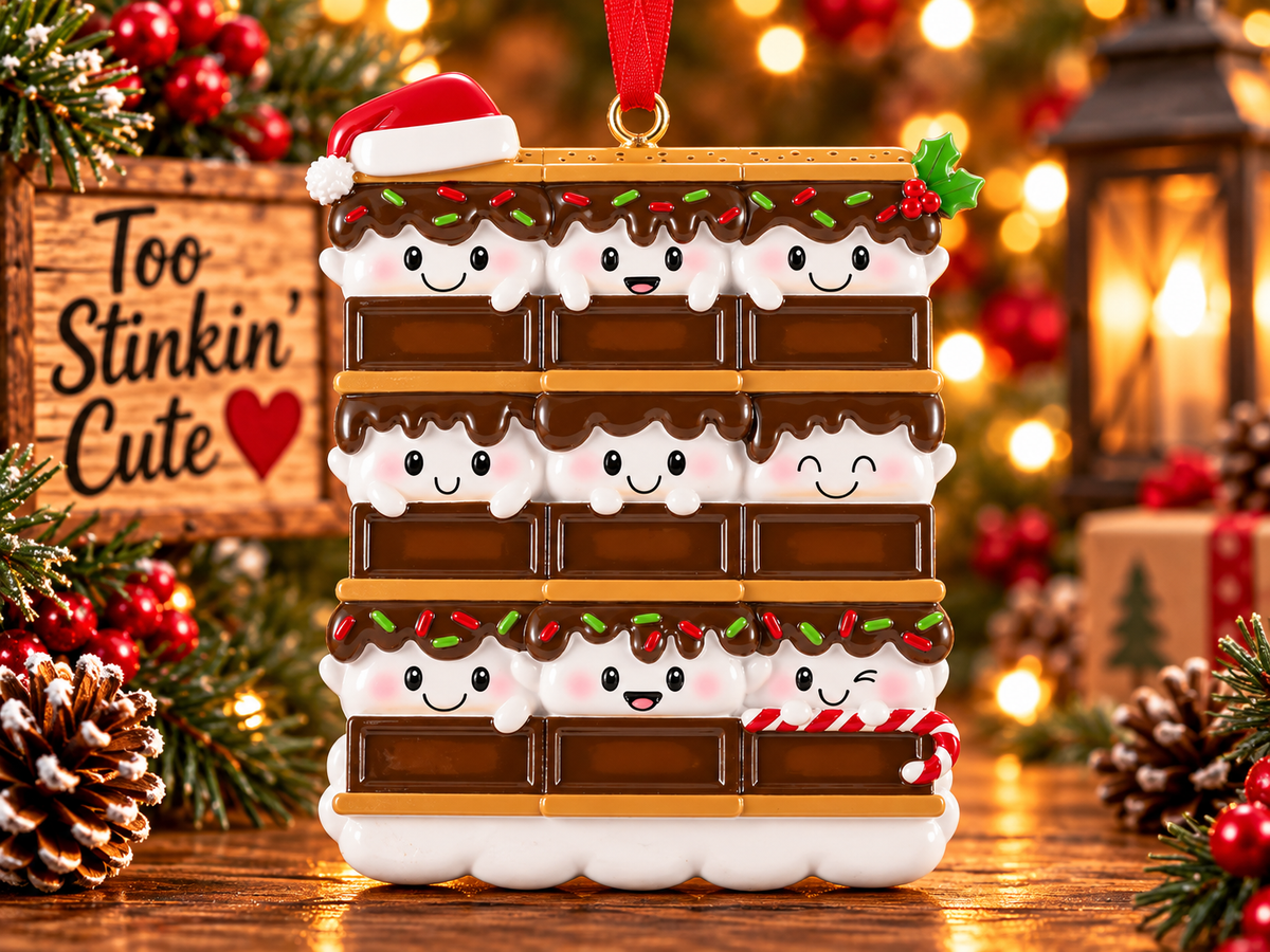 S’mores family of nine Christmas ornament with smiling marshmallows arranged in three rows of three.