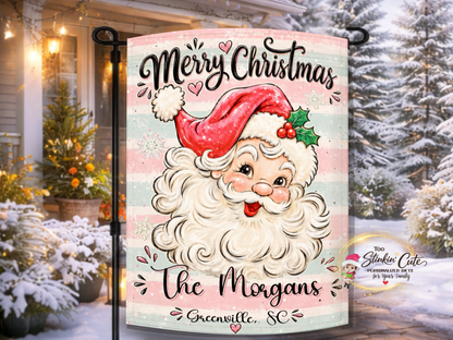 Personalized Merry Christmas Santa garden flag featuring the Morgans and Greenville, SC