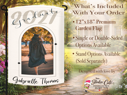 Personalized Class of 2027 garden flag with graduate photo and custom name for front yard décor