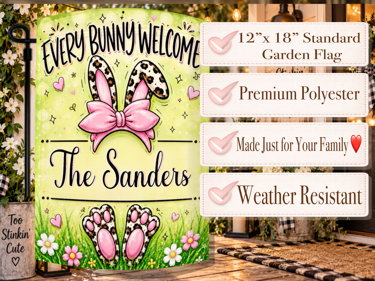 Personalized leopard bunny porch flag with an oversized pink bow, sparkling accents, hearts, and cheerful spring flowers.