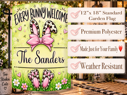 Personalized leopard bunny porch flag with an oversized pink bow, sparkling accents, hearts, and cheerful spring flowers.